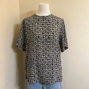 Quo-Silk Womens 100% Silk Geometric Square Print Short Sleeve Blouse M